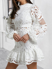 Lantern Sleeve A-Line Ruffled Lace Sheer Mini Dress