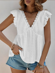 Ruffle Cap Sleeve Lace Eyelet Casual Blouse