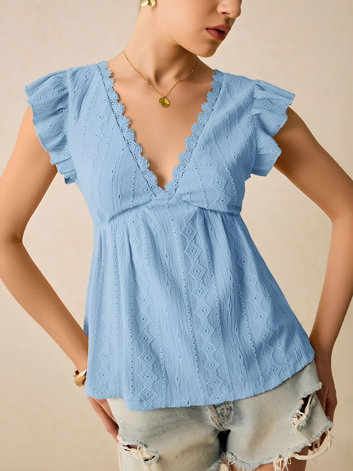 Ruffle Cap Sleeve Lace Eyelet Casual Blouse