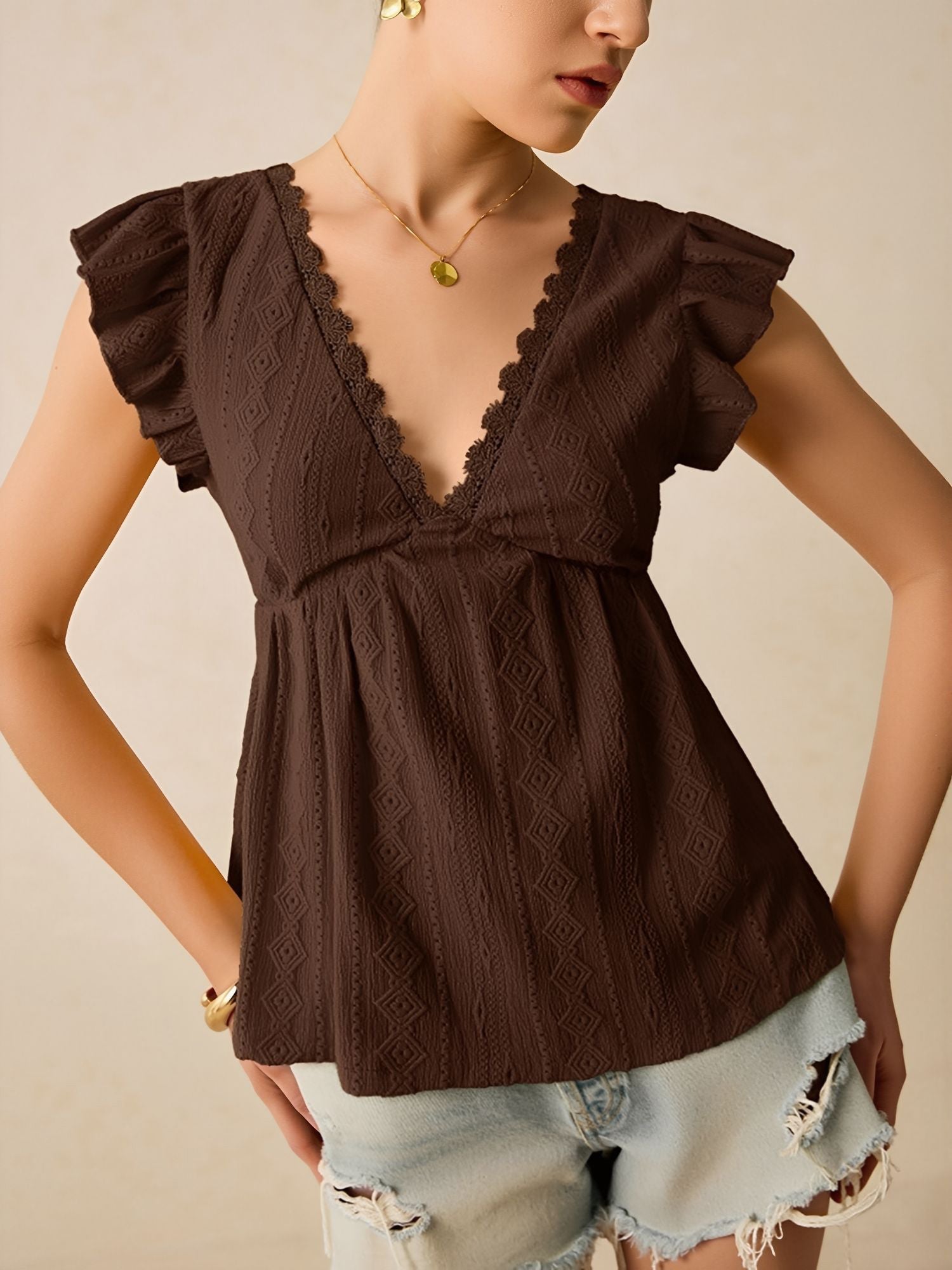 Ruffle Cap Sleeve Lace Eyelet Casual Blouse