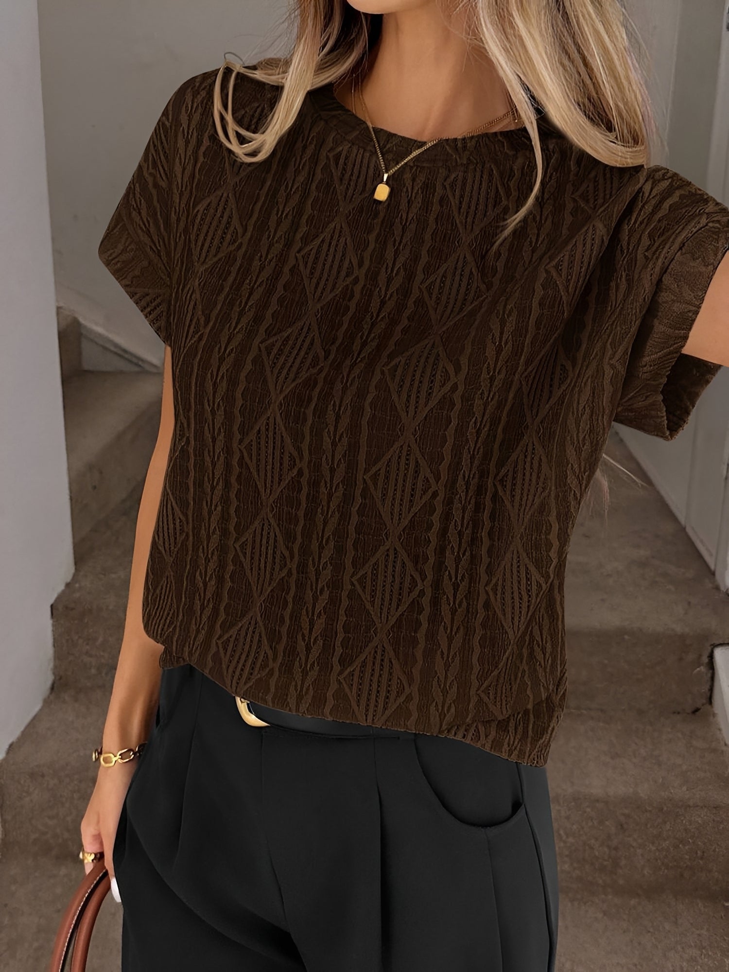 Casual Crew Neck Jacquard Short Sleeve Blouse