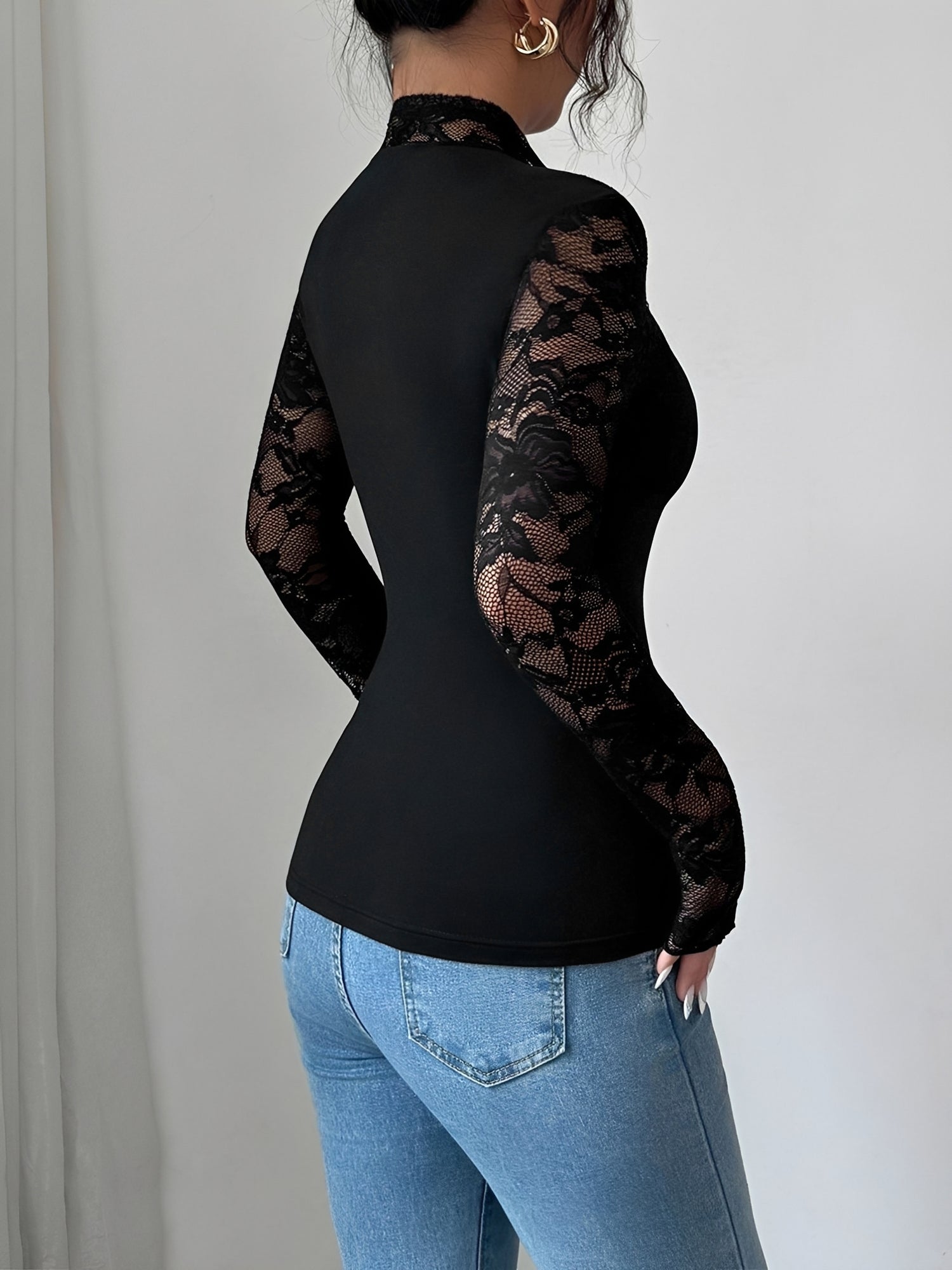 Lace Patchwork Long Sleeve Slim Fit Blouse