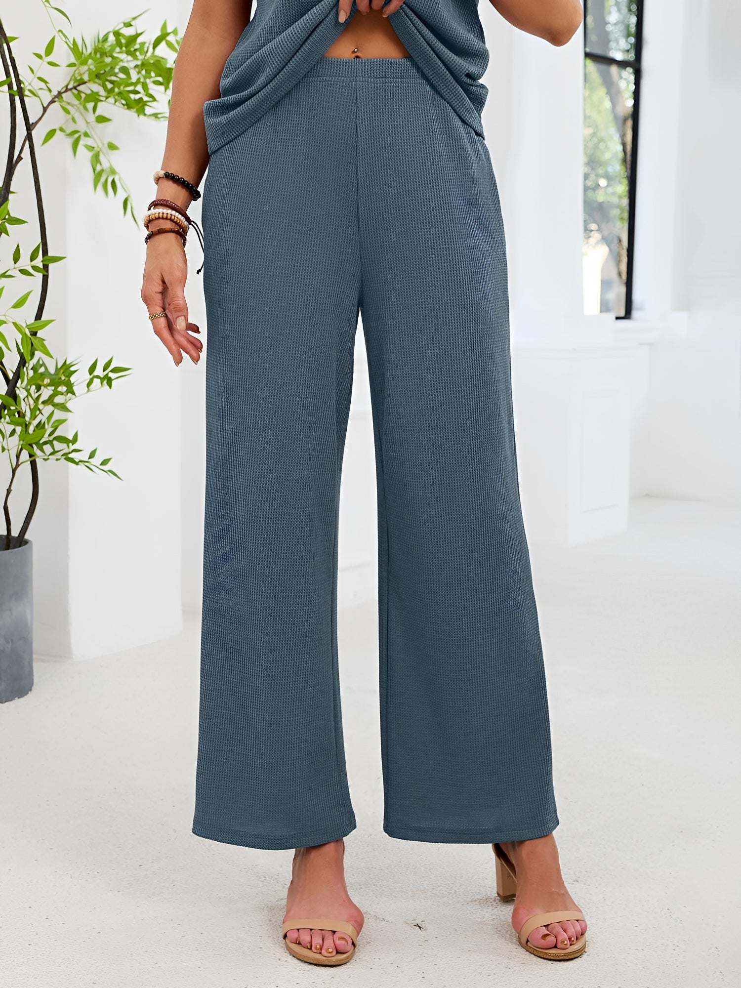 2 Pieces Solid Color Round Neck Top & Wide Legs Long Trousers Pants Casual Matching Set
