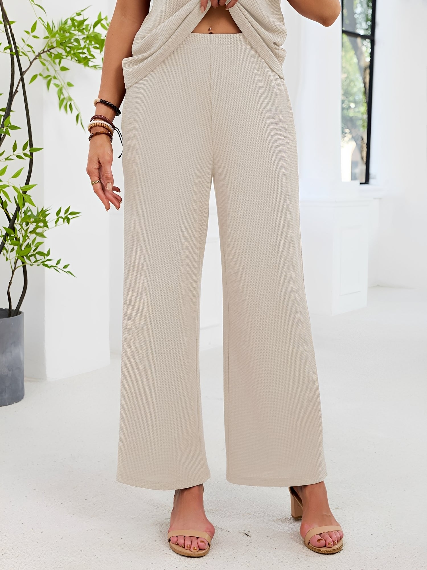 2 Pieces Solid Color Round Neck Top & Wide Legs Long Trousers Pants Casual Matching Set