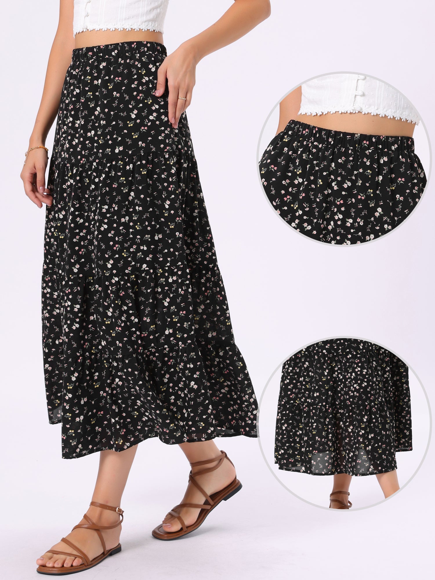 Floral Elastic Waisted Slit A-Line Tiered Long Skirts