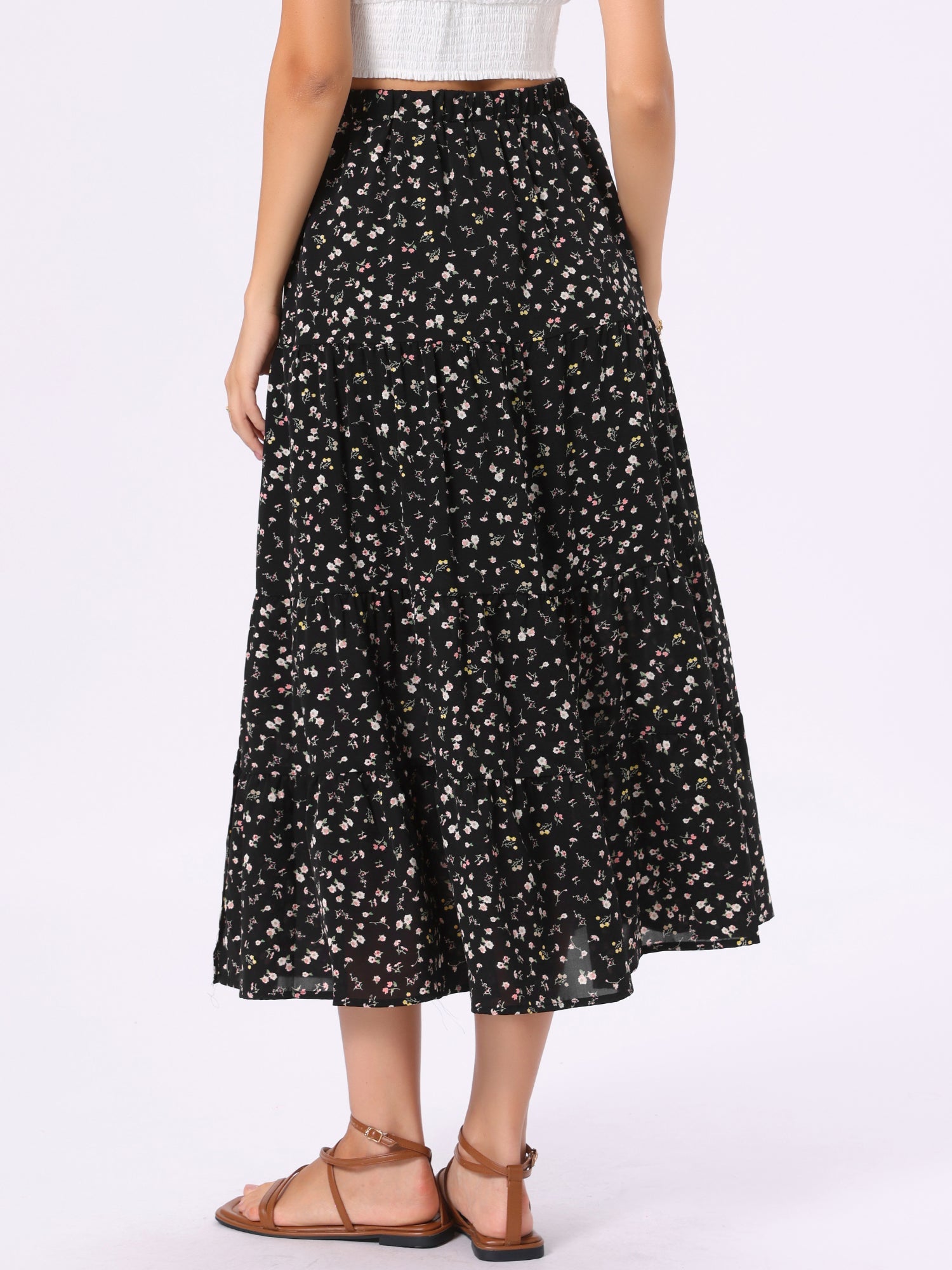 Floral Elastic Waisted Slit A-Line Tiered Long Skirts