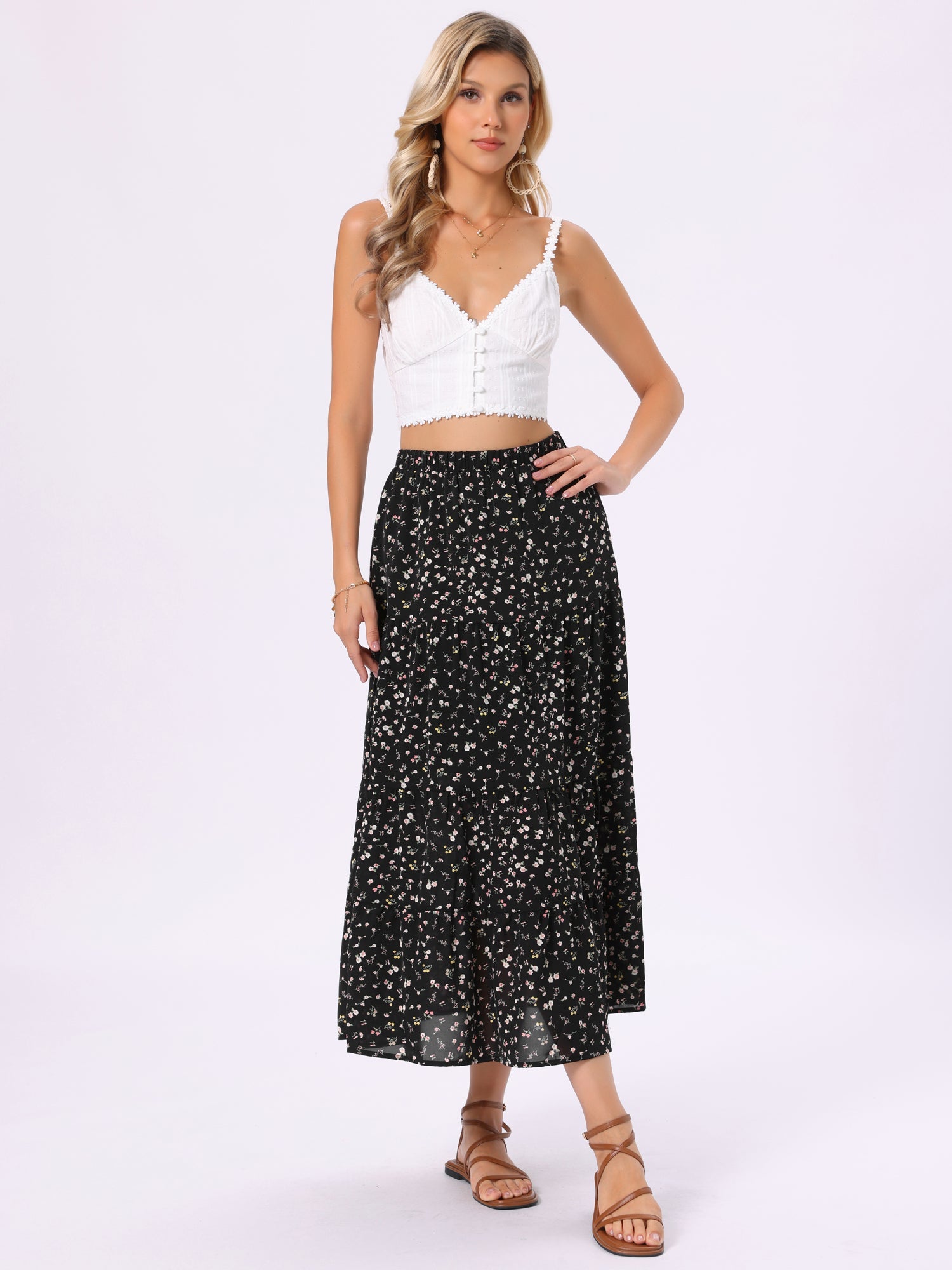 Floral Elastic Waisted Slit A-Line Tiered Long Skirts