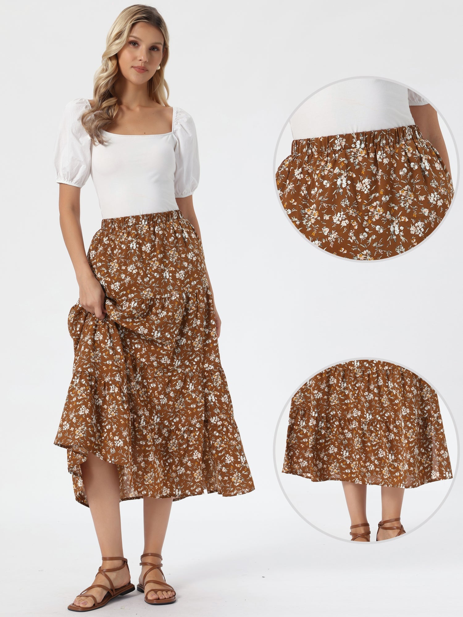 Floral Elastic Waisted Slit A-Line Tiered Long Skirts