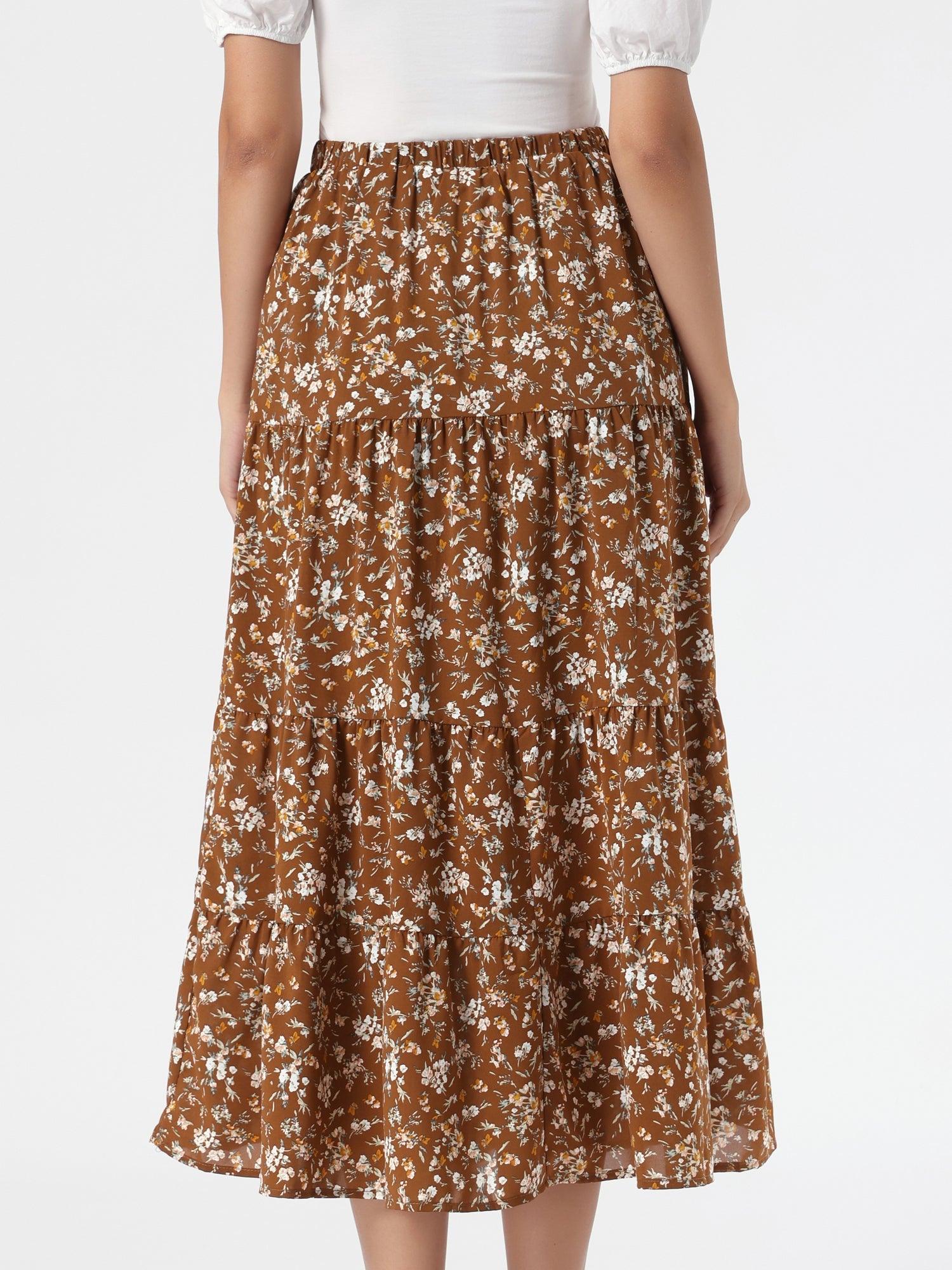 Floral Elastic Waisted Slit A-Line Tiered Long Skirts