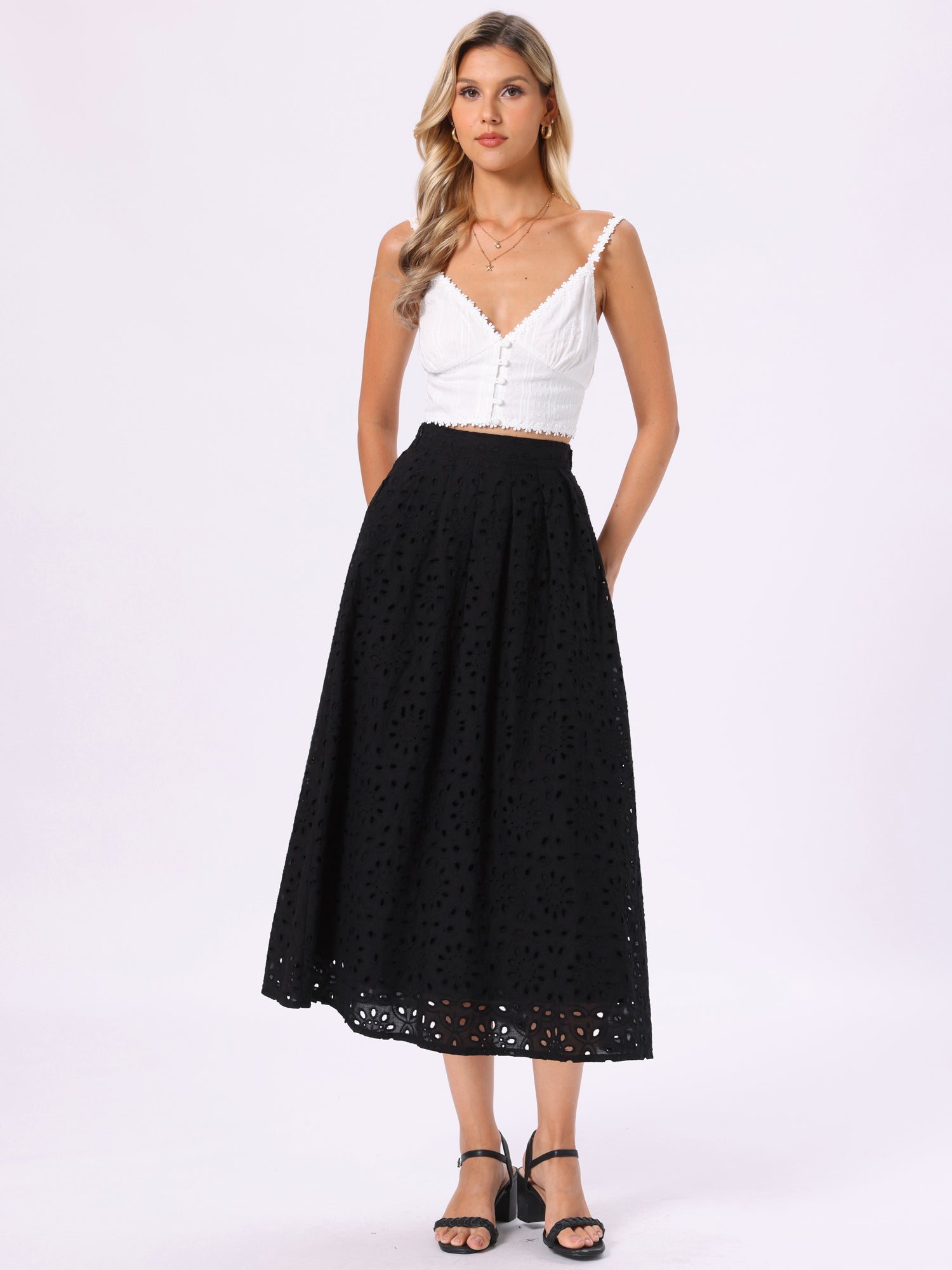 Cotton Eyelet Boho High Waisted A-Line Flowy Midi Skirts