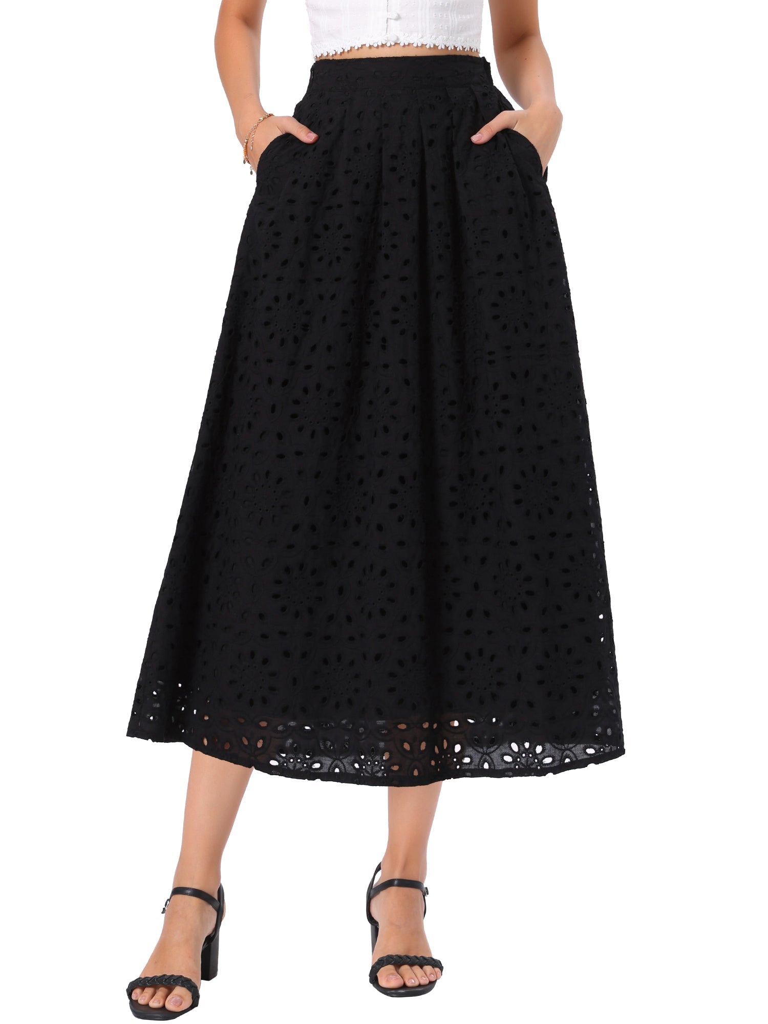 Cotton Eyelet Boho High Waisted A-Line Flowy Midi Skirts