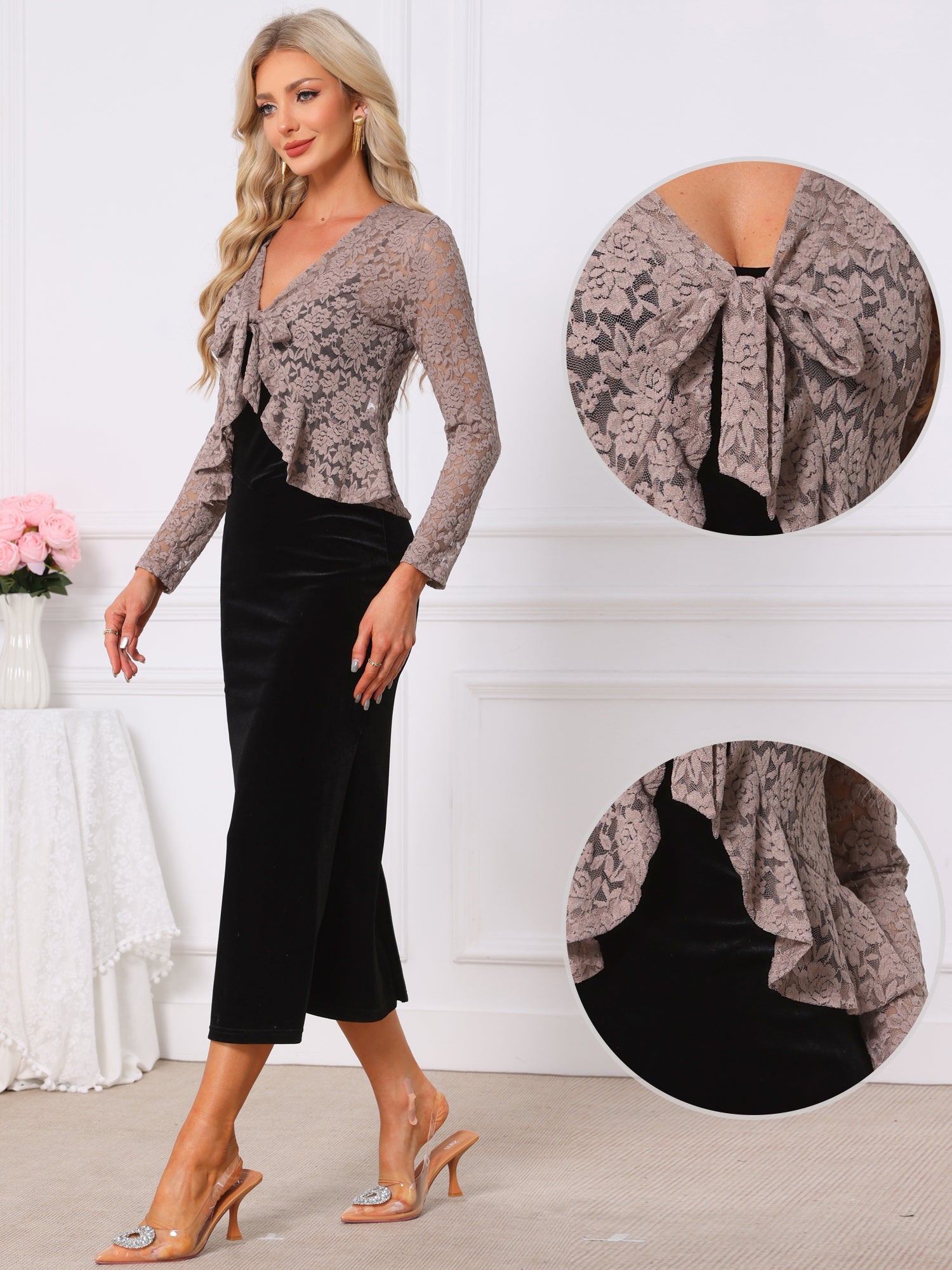Floral Lace Shrug Tie Front Ruffled Hem Sheer Crop Bolero