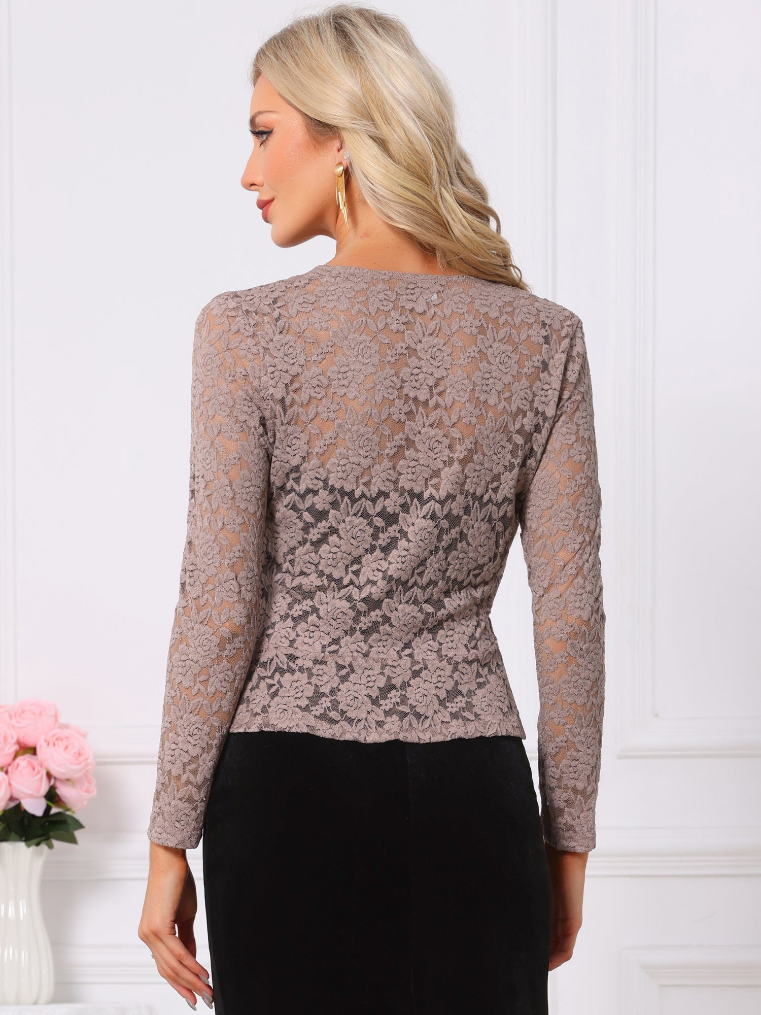 Floral Lace Shrug Tie Front Ruffled Hem Sheer Crop Bolero