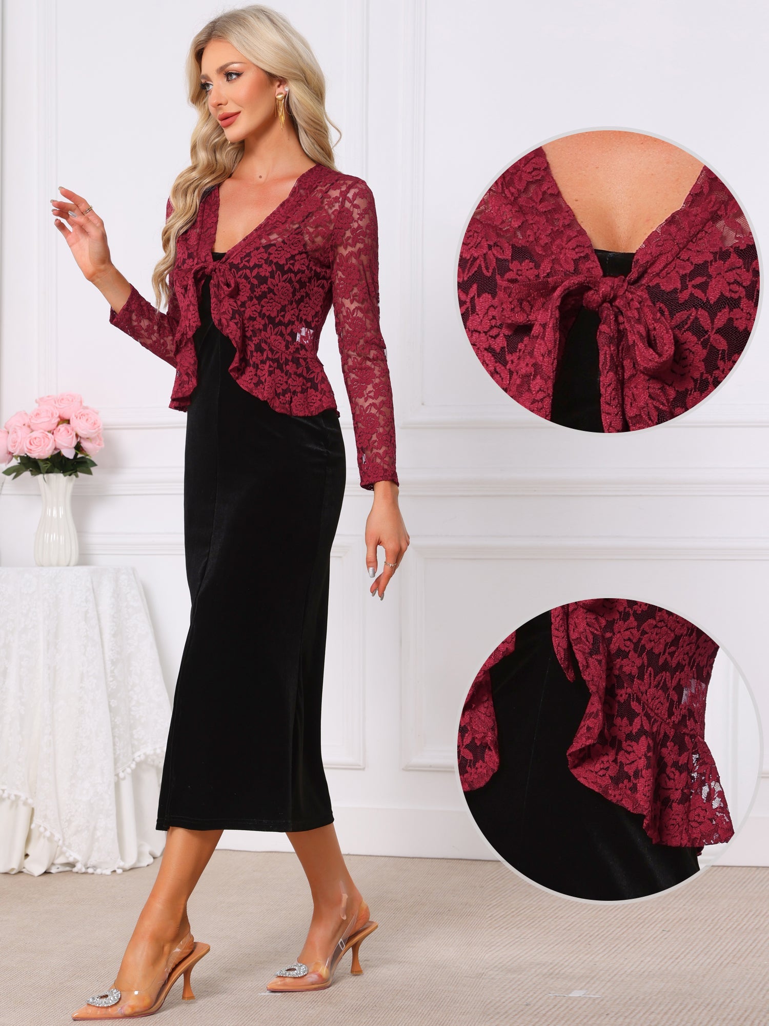 Floral Lace Shrug Tie Front Ruffled Hem Sheer Crop Bolero
