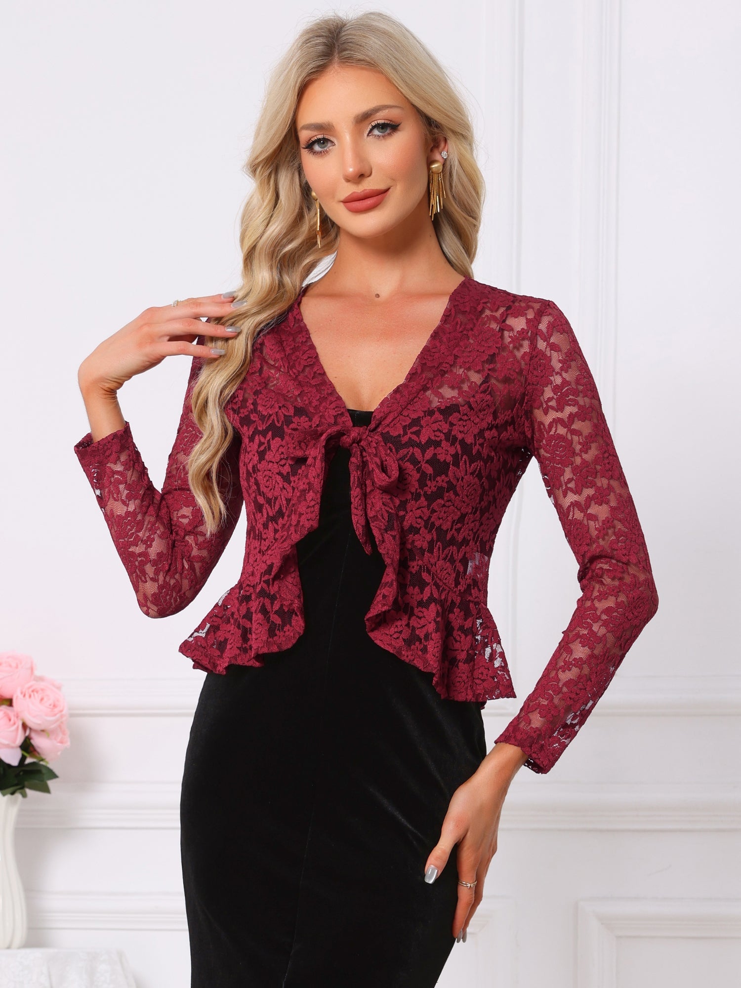 Floral Lace Shrug Tie Front Ruffled Hem Sheer Crop Bolero