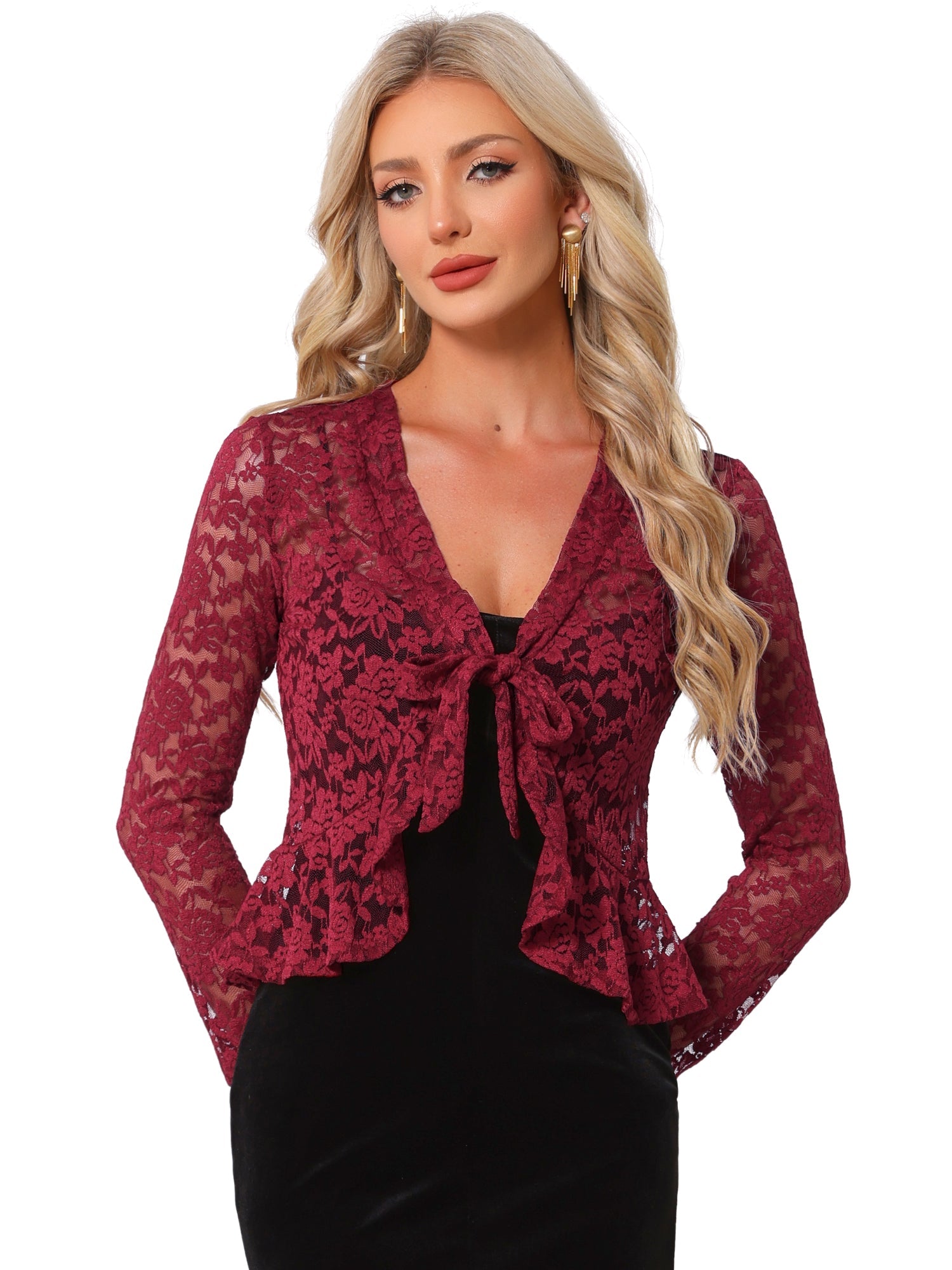 Floral Lace Shrug Tie Front Ruffled Hem Sheer Crop Bolero