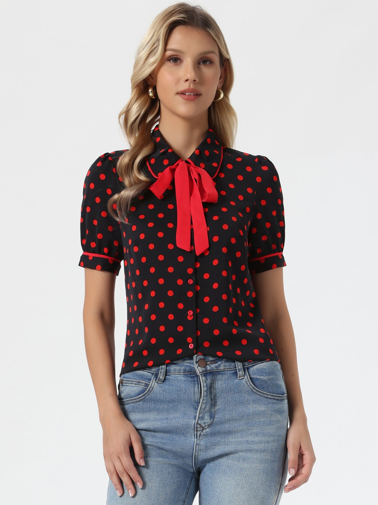 Polka Dot Peter Pan Collar Bow Tie Neck Puff Sleeve Vintage Shirt