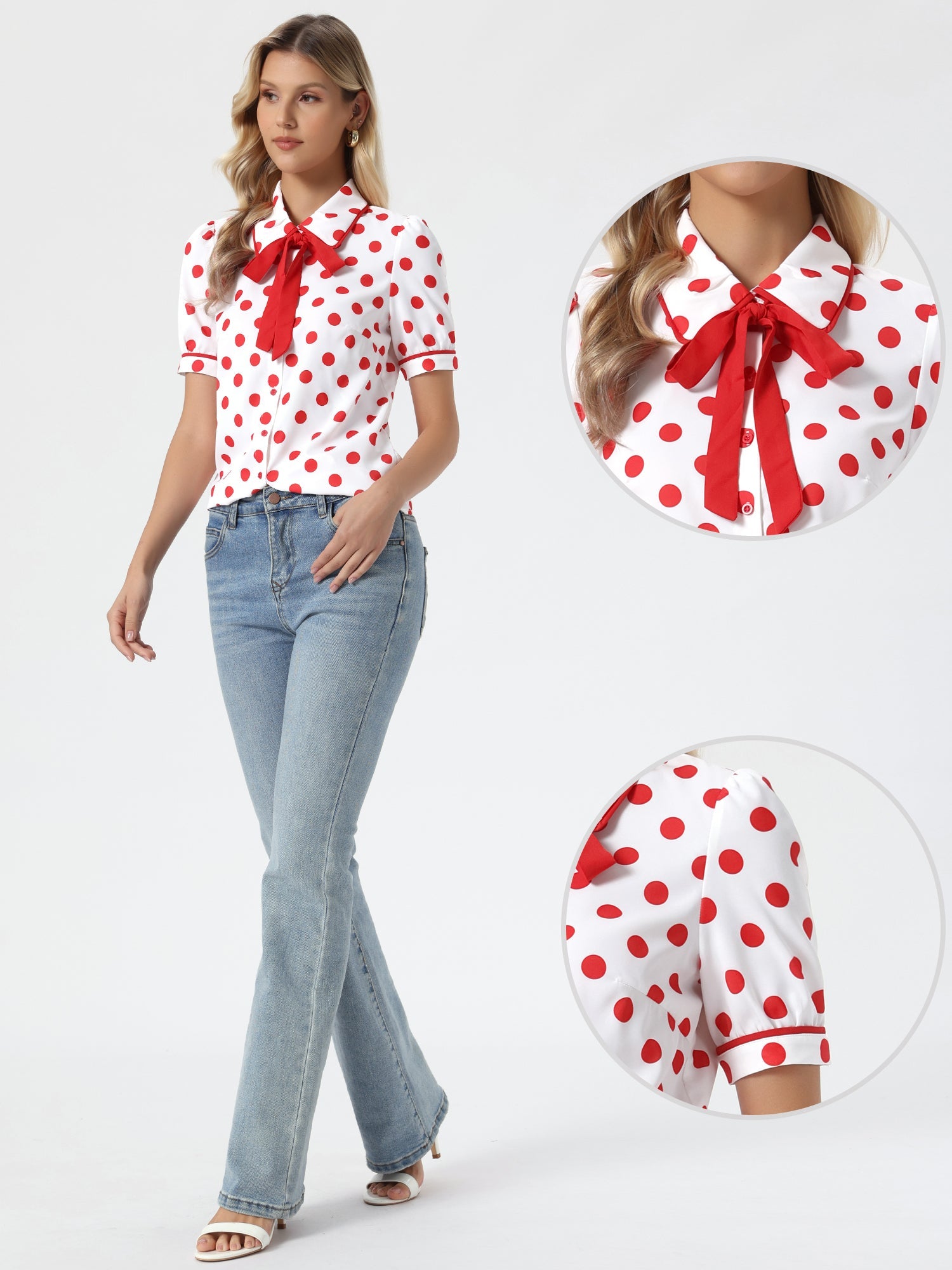 Polka Dot Peter Pan Collar Bow Tie Neck Puff Sleeve Vintage Shirt