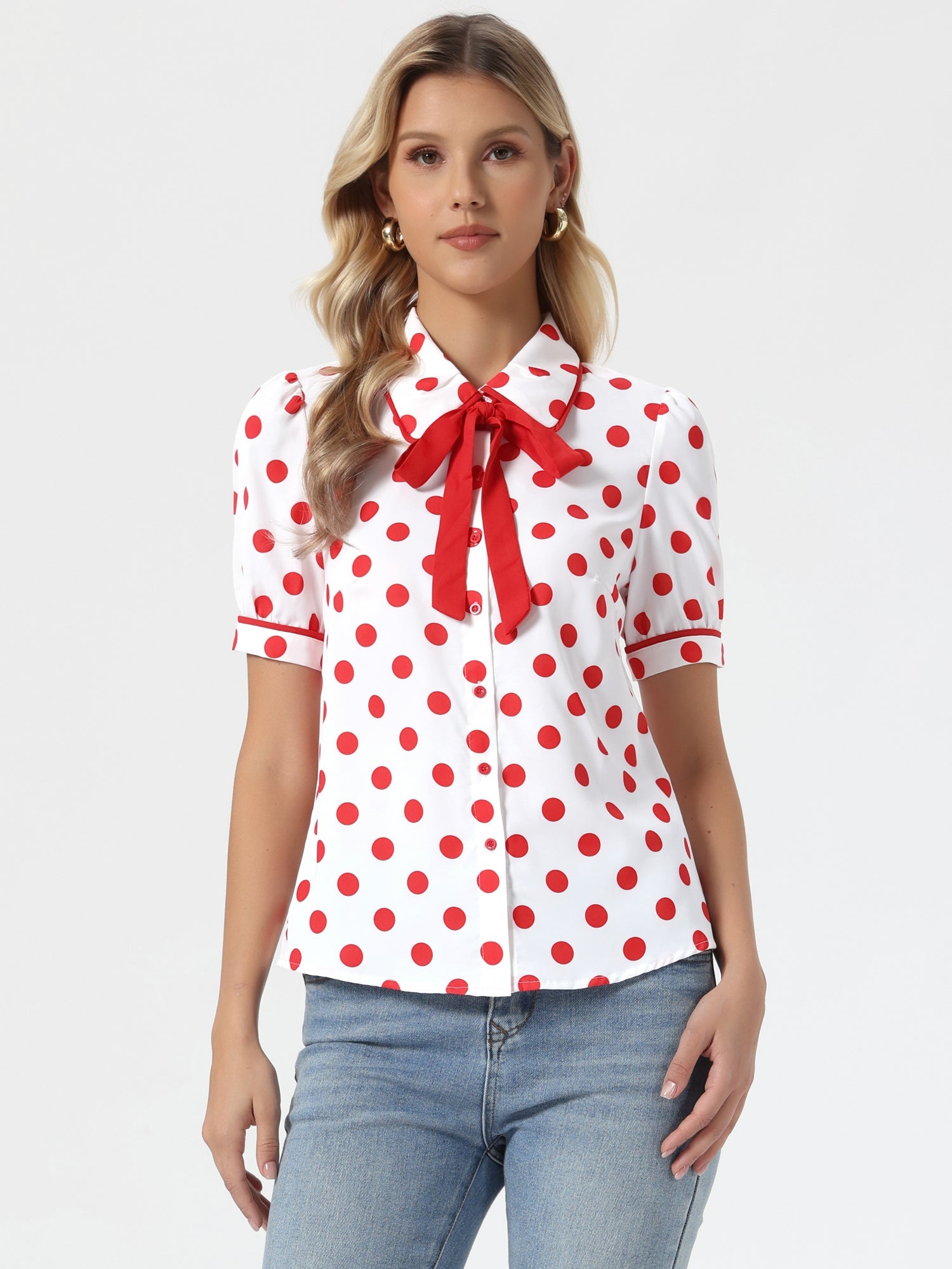 Polka Dot Peter Pan Collar Bow Tie Neck Puff Sleeve Vintage Shirt