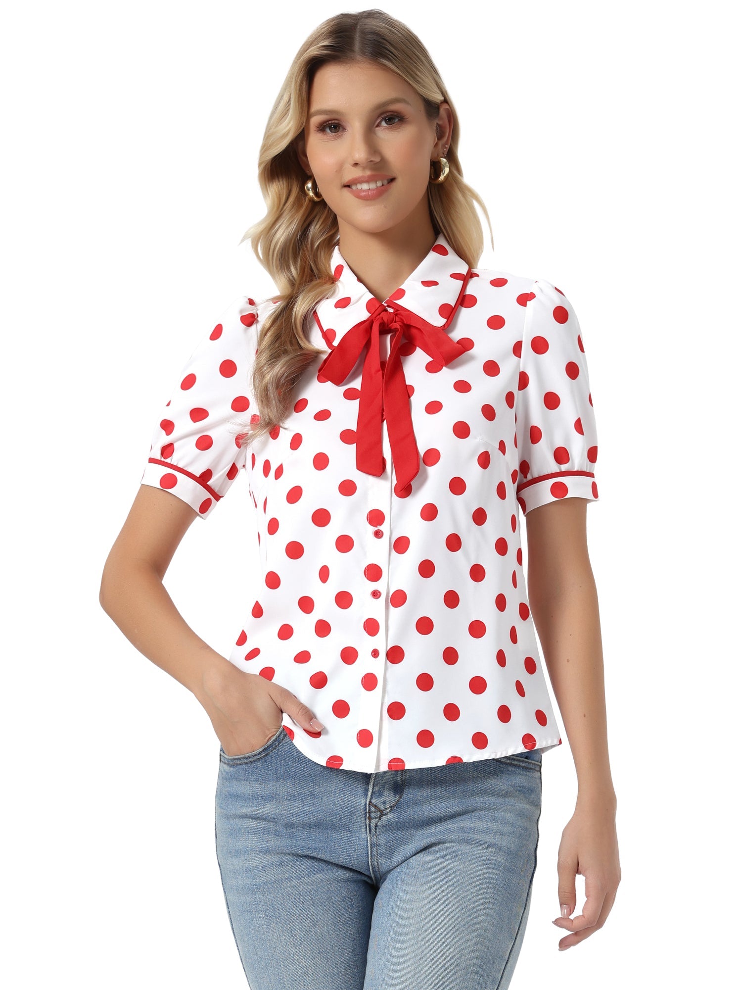 Polka Dot Peter Pan Collar Bow Tie Neck Puff Sleeve Vintage Shirt