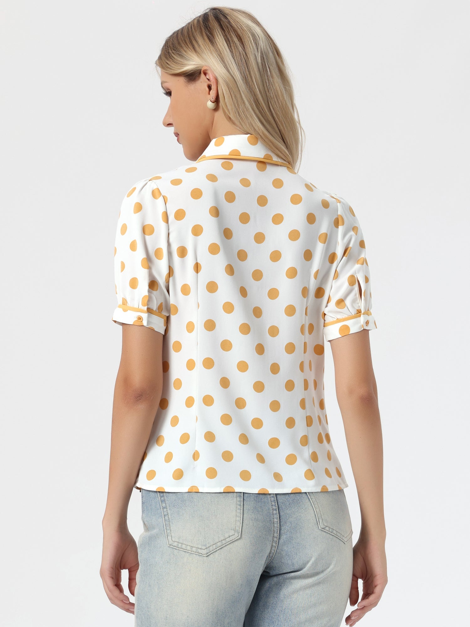 Polka Dot Peter Pan Collar Bow Tie Neck Puff Sleeve Vintage Shirt