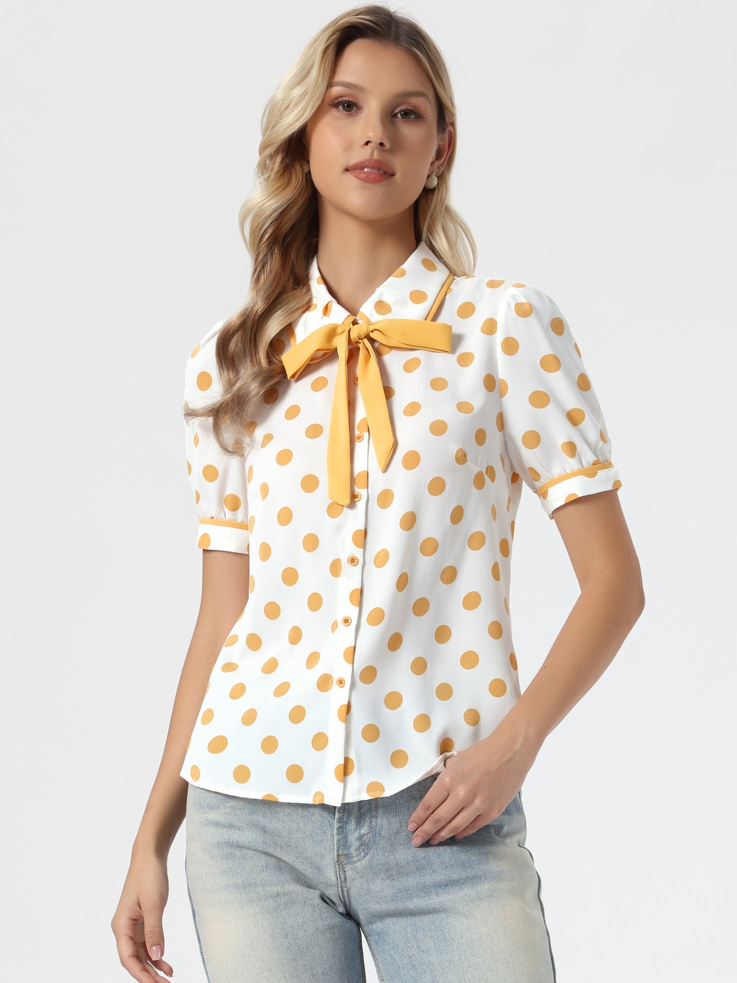 Polka Dot Peter Pan Collar Bow Tie Neck Puff Sleeve Vintage Shirt