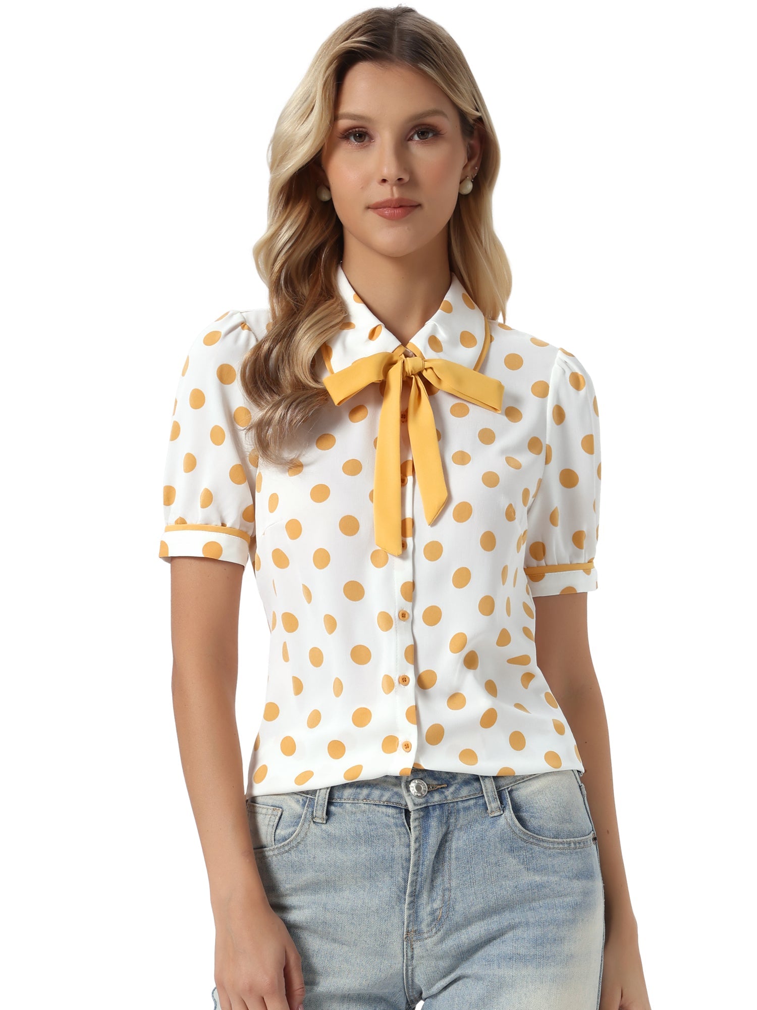 Polka Dot Peter Pan Collar Bow Tie Neck Puff Sleeve Vintage Shirt