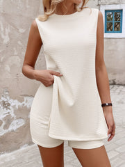 2 Pieces Casual Round Neck Side Split Tunic Top and Shorts Matching Set