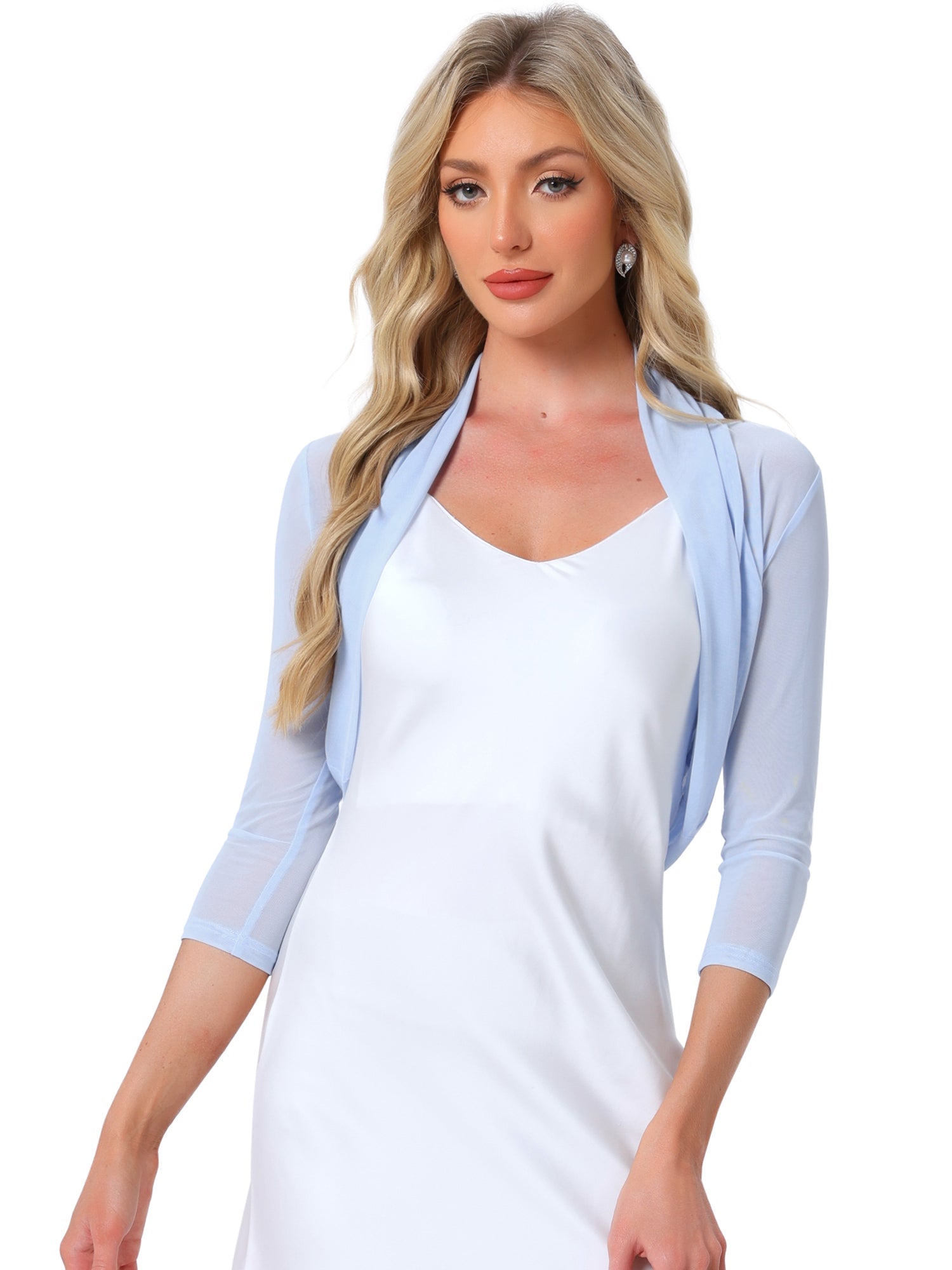 Semi Sheer Mesh 3/4 Sleeve Stretchy Cropped Bolero Shrug