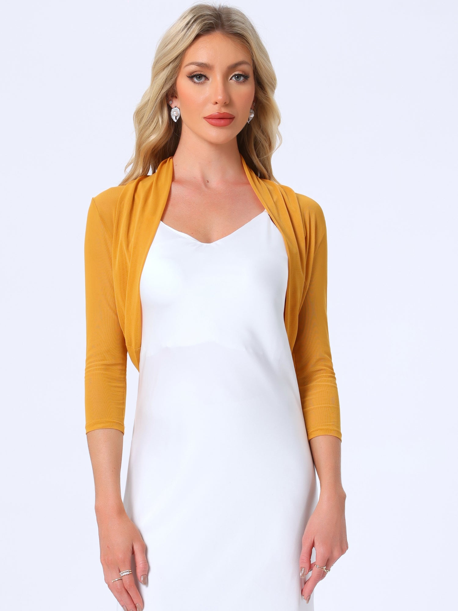 Semi Sheer Mesh 3/4 Sleeve Stretchy Cropped Bolero Shrug