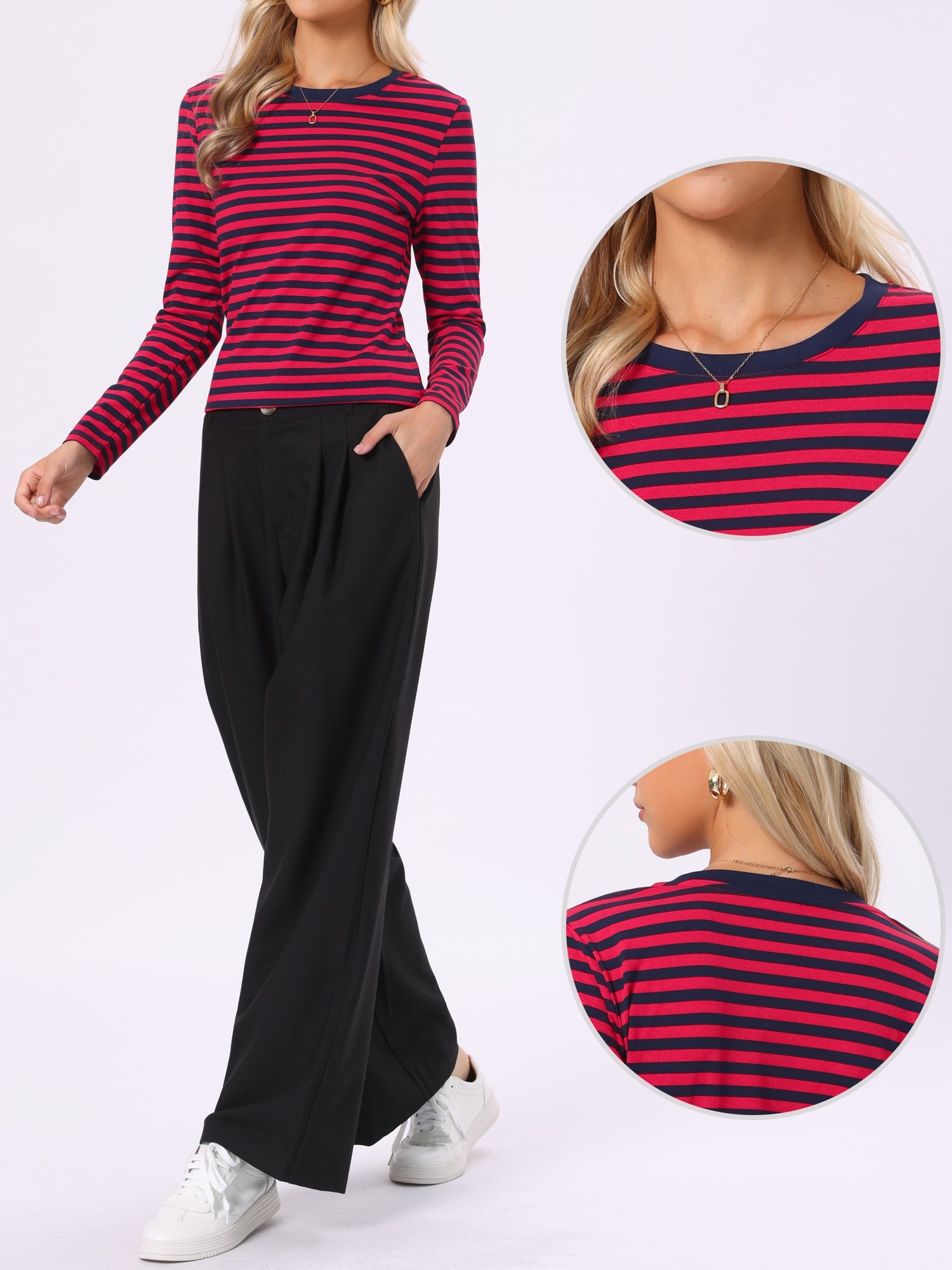 Striped Long Sleeve Crew Neck Casual Tops