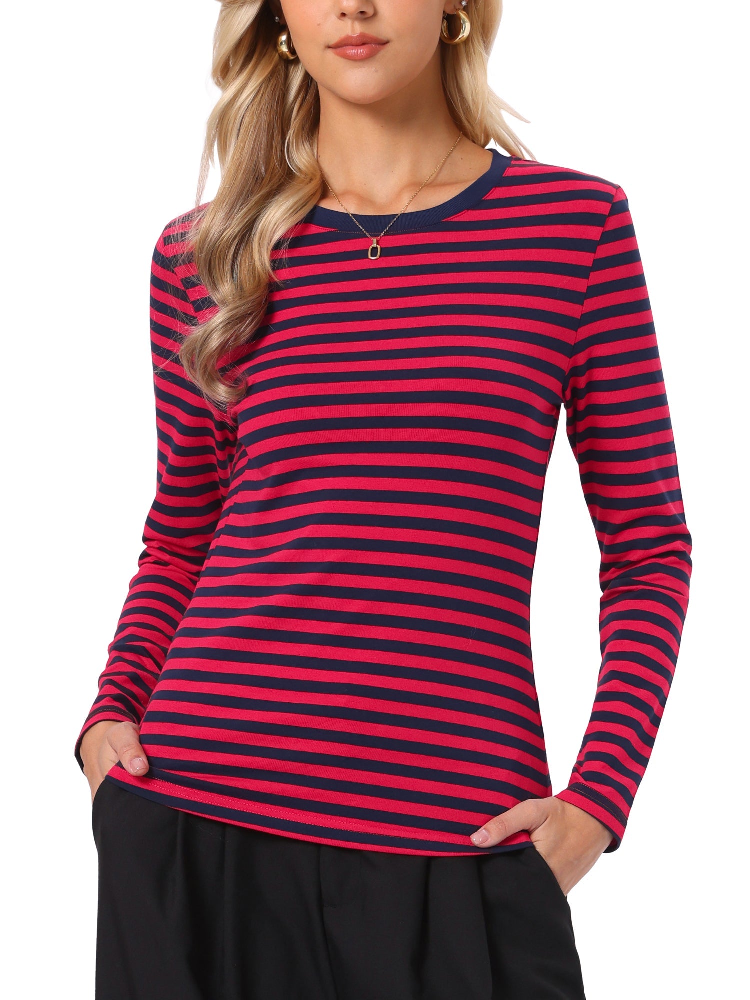 Striped Long Sleeve Crew Neck Casual Tops