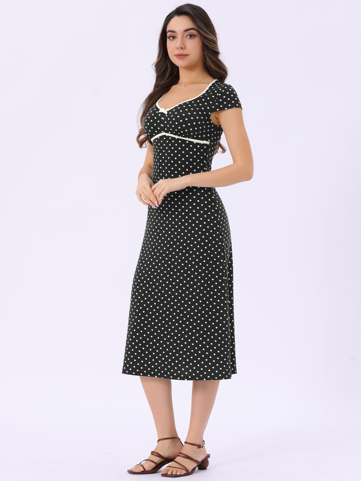 V Neck Cap Sleeve Polka Dots Vintage Midi Dress
