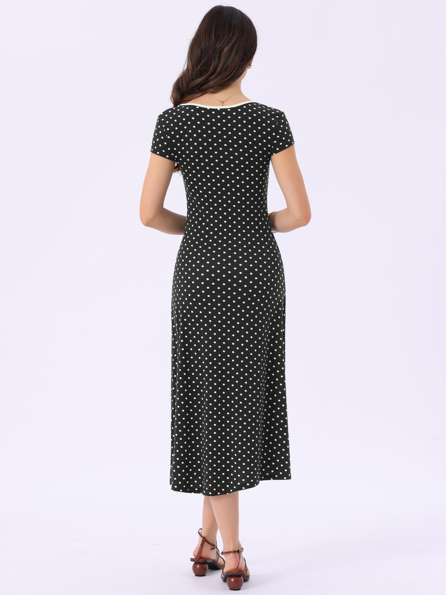 V Neck Cap Sleeve Polka Dots Vintage Midi Dress