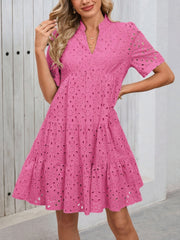 Eyelet Cotton Notch Neck Puff Sleeves Tiered Midi Dress