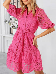 Lace Collared Puff Sleeves Tie Waist Midi Dress