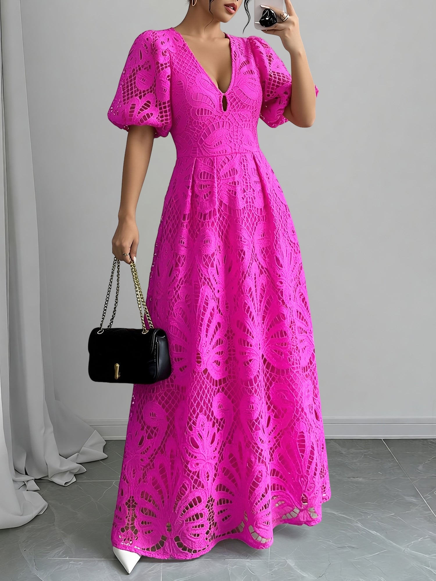 Lace V Neck Puff Sleeves A-Line Maxi Dress