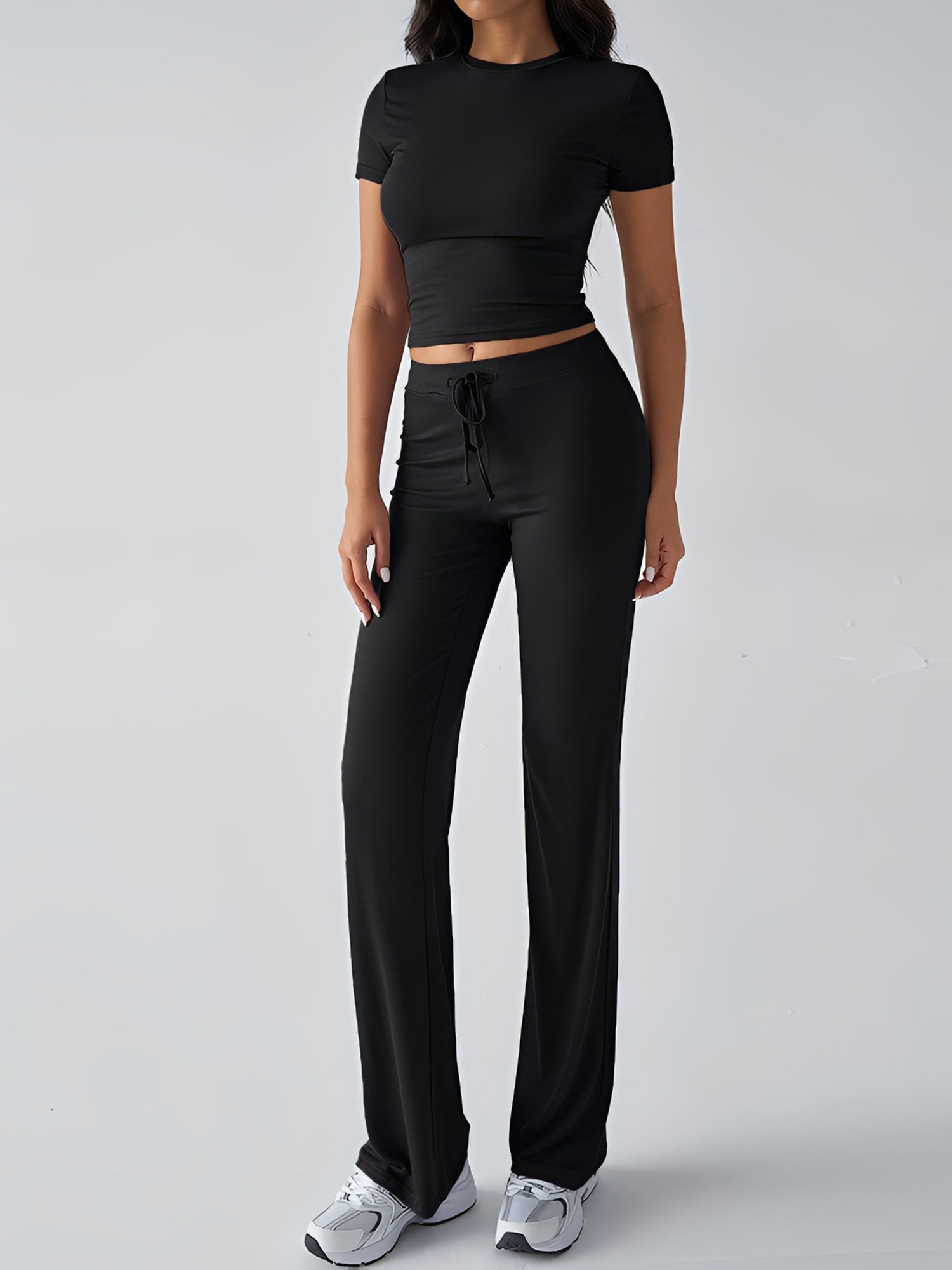 2 Pieces Crew Neck Short Sleeves Cropped Top & Straght Legs Trousers Pants Matching Workout Set