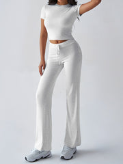 2 Pieces Crew Neck Short Sleeves Cropped Top & Straght Legs Trousers Pants Matching Workout Set