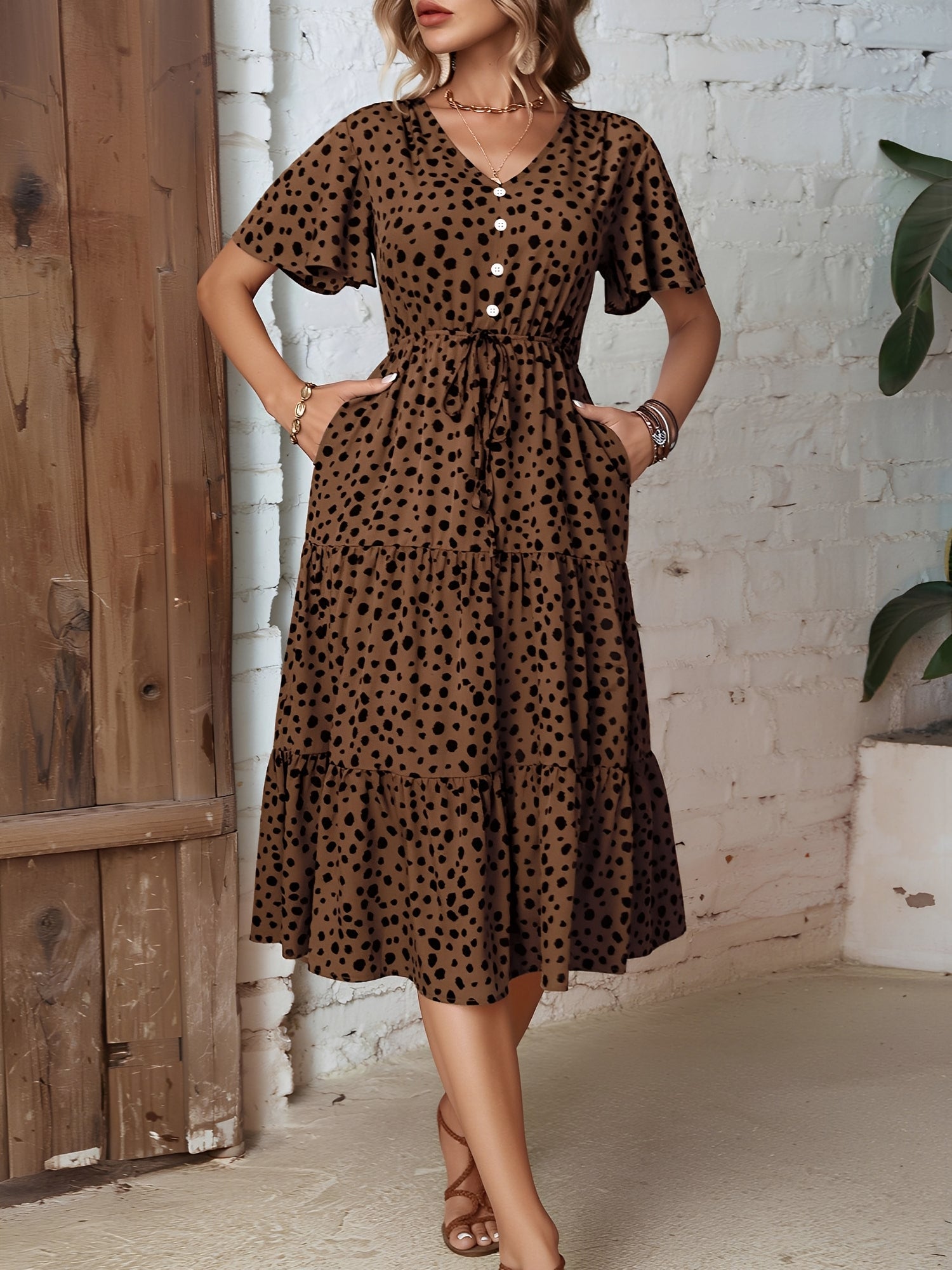 Pocketed Leopard Print Short Sleeve Tiered Dress