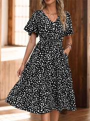 Pocketed Leopard Print Short Sleeve Tiered Dress