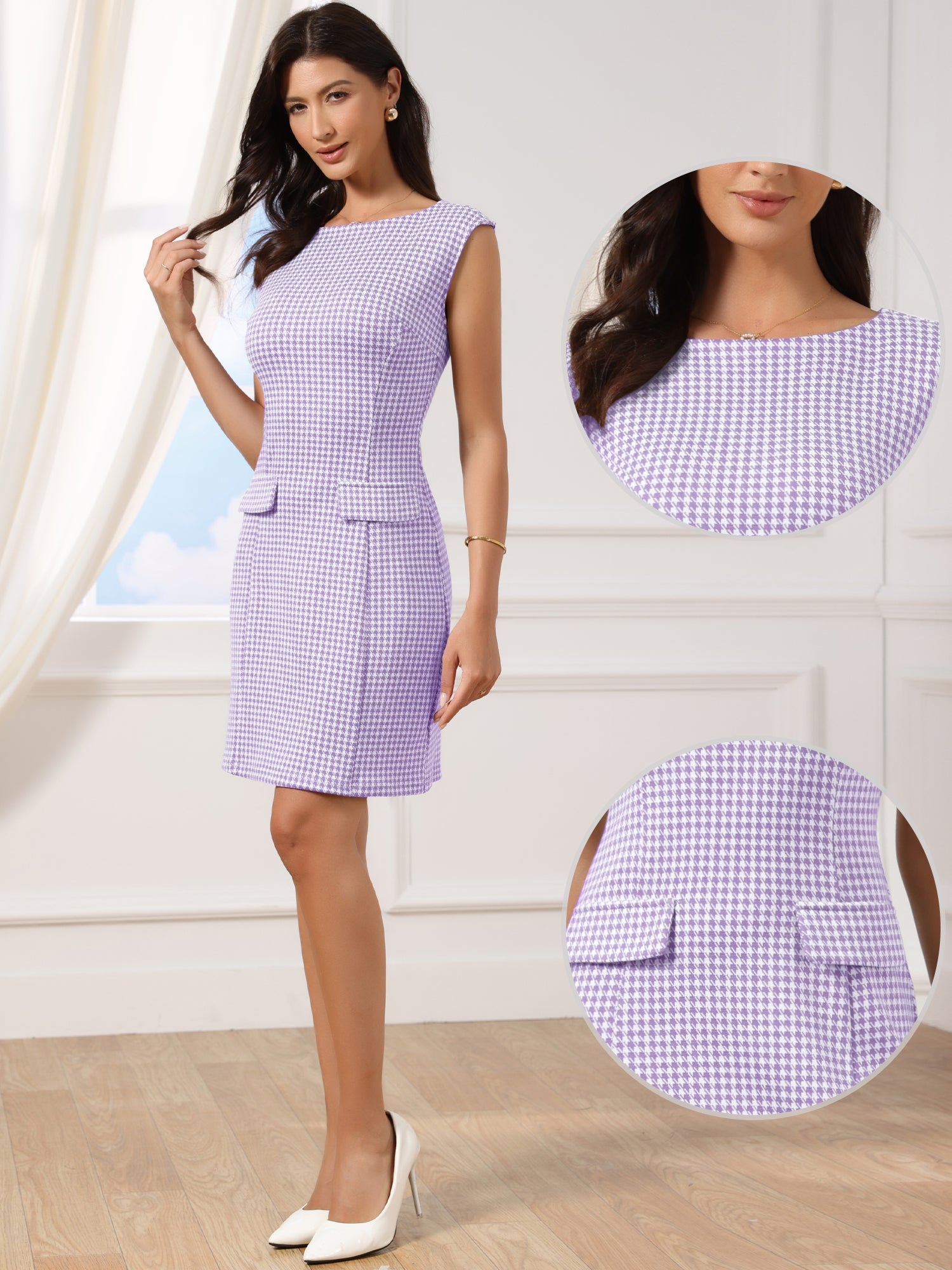 Sleeveless Boat Neck Vintage Houndstooth Work Dress