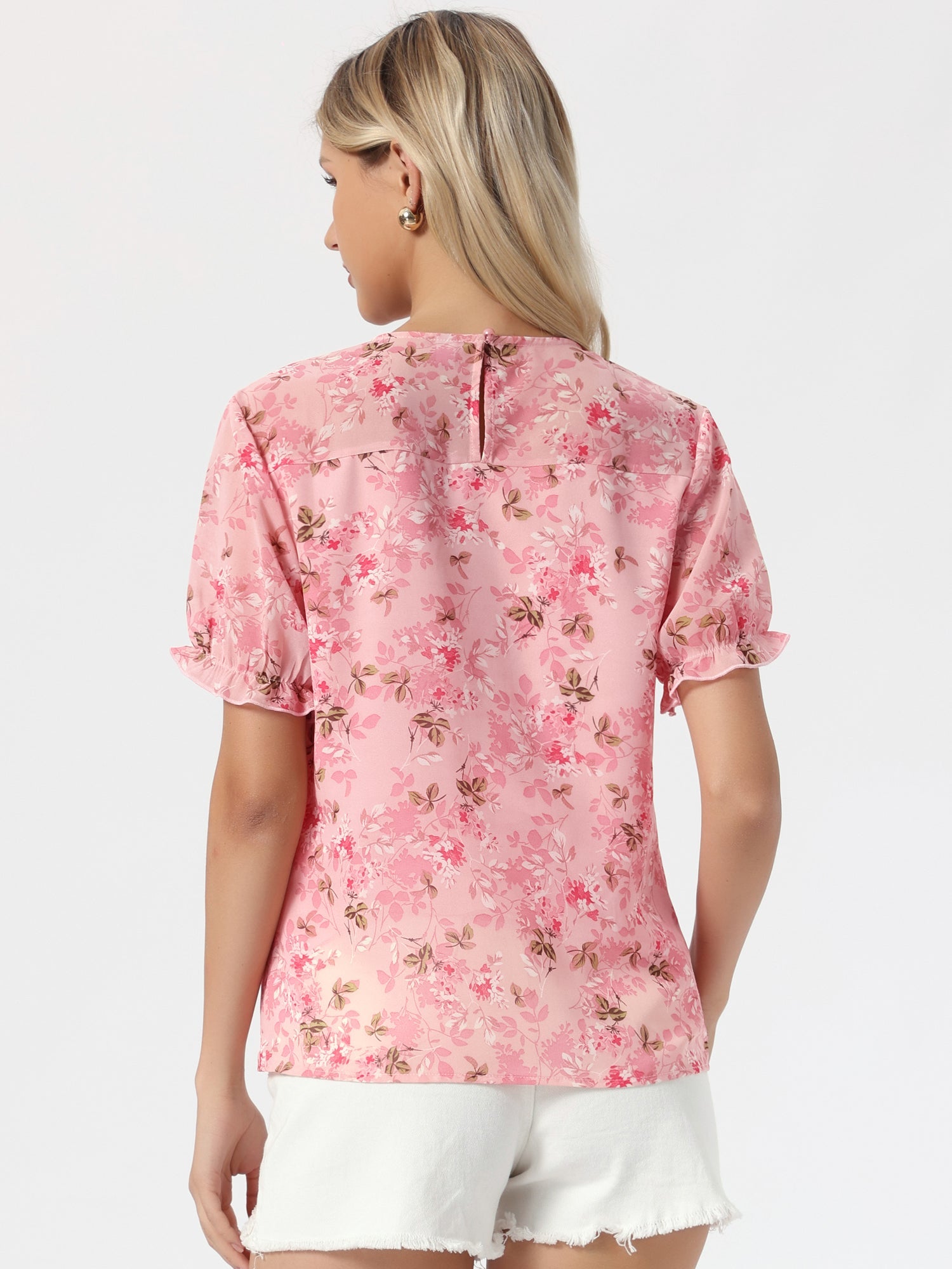 Chiffon Short Sleeve Ruffled Trim Floral Blouse Top