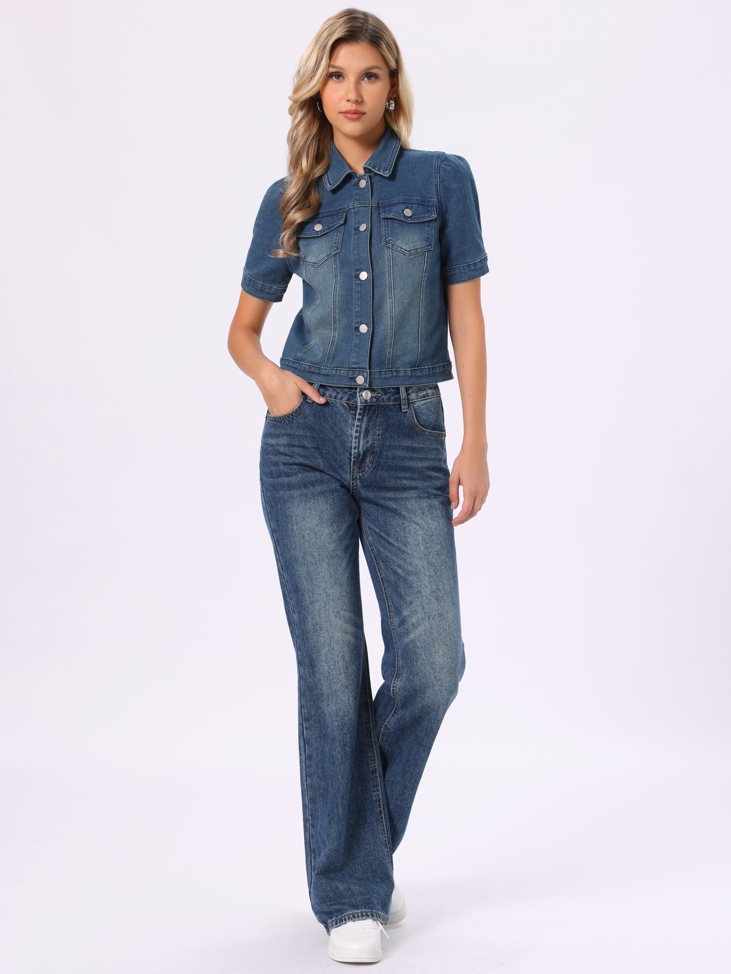Casual Short Puff Sleeves Button-Down Jean Denim Jacket
