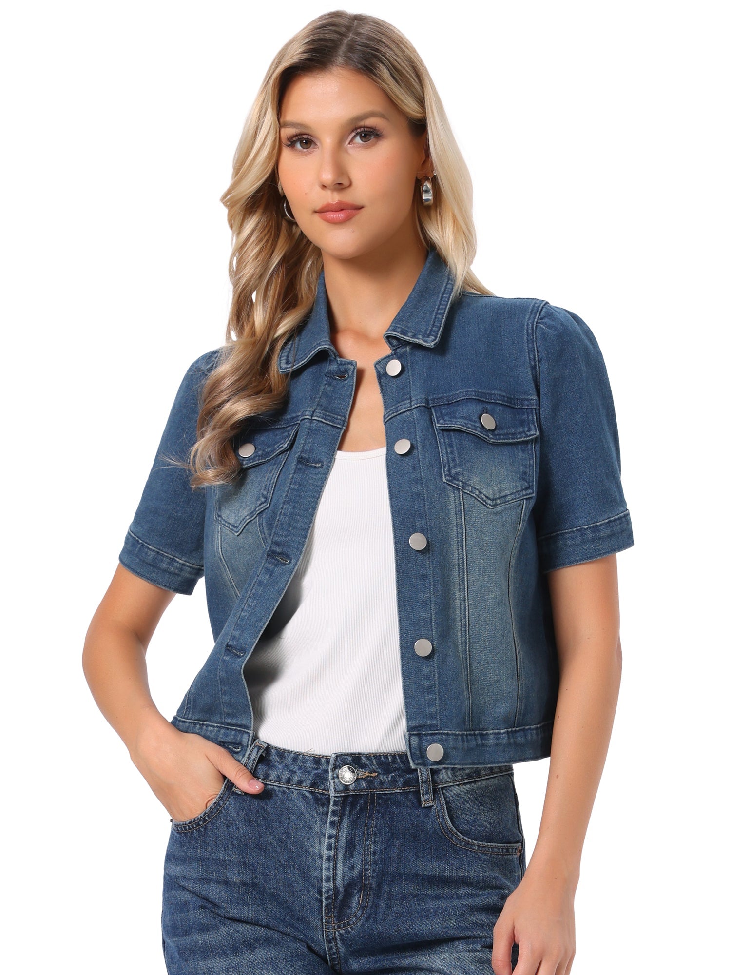 Casual Short Puff Sleeves Button-Down Jean Denim Jacket