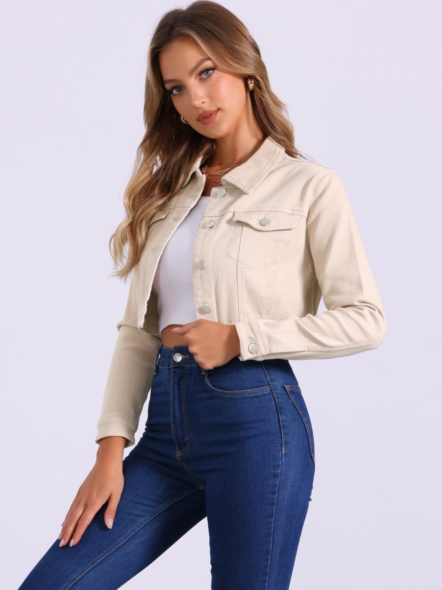 Casual Short Puff Sleeves Button-Down Jean Denim Jacket