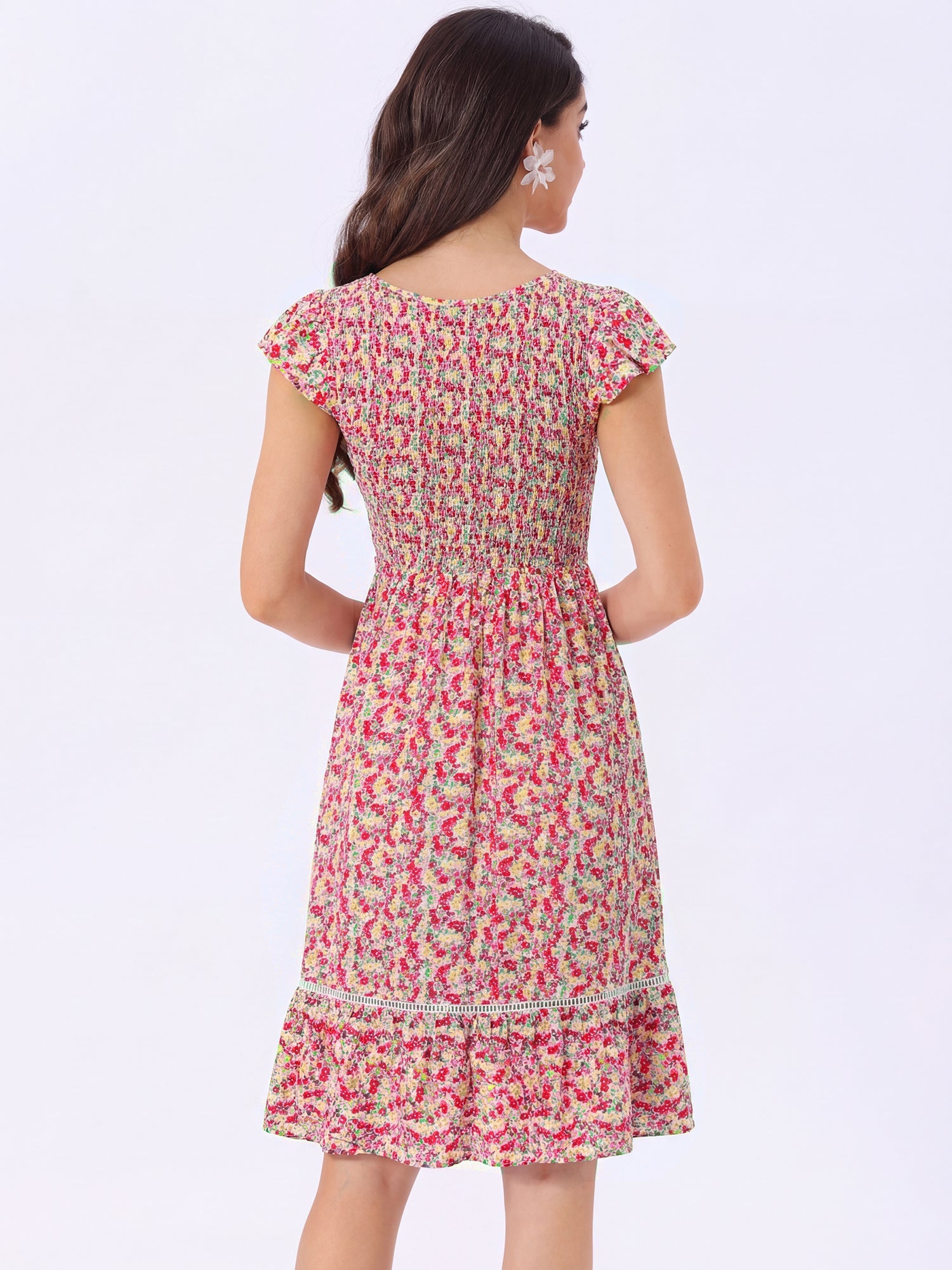Midi Smocked Cap Short Sleeve Floral Fit and Flare Dress