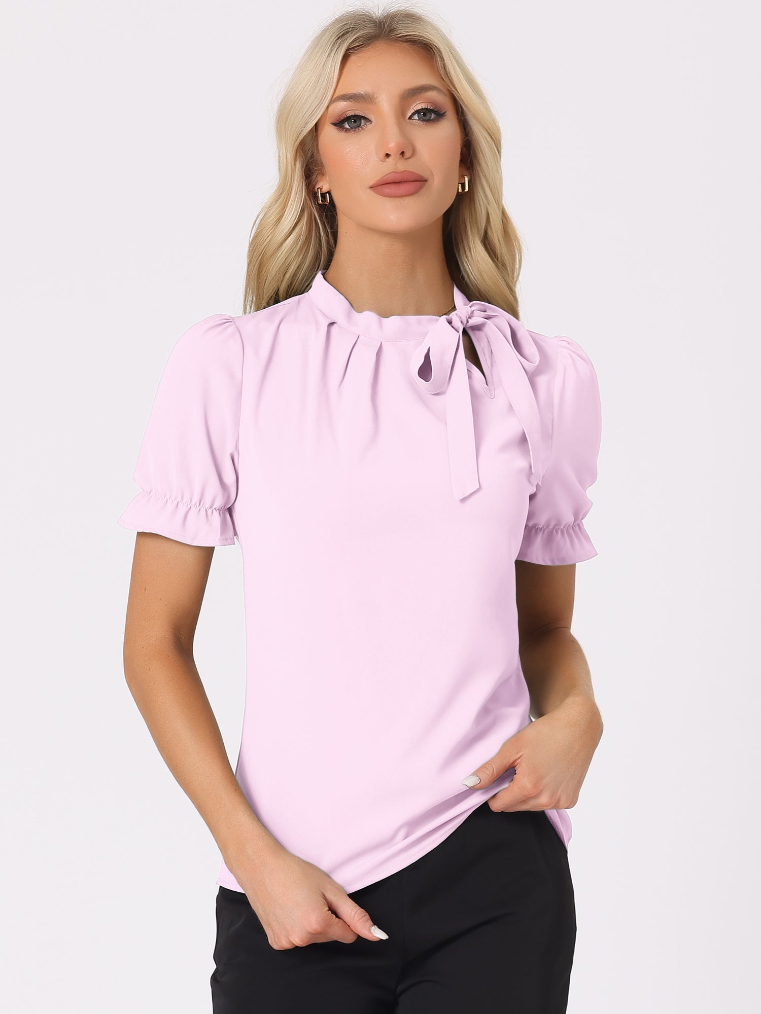 Bow Tie Neck Tops Elegant Office Short Sleeve Blouse