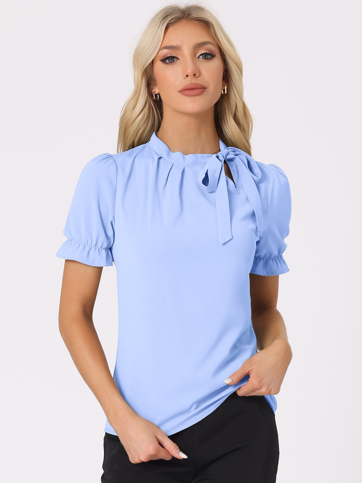 Bow Tie Neck Tops Elegant Office Short Sleeve Blouse