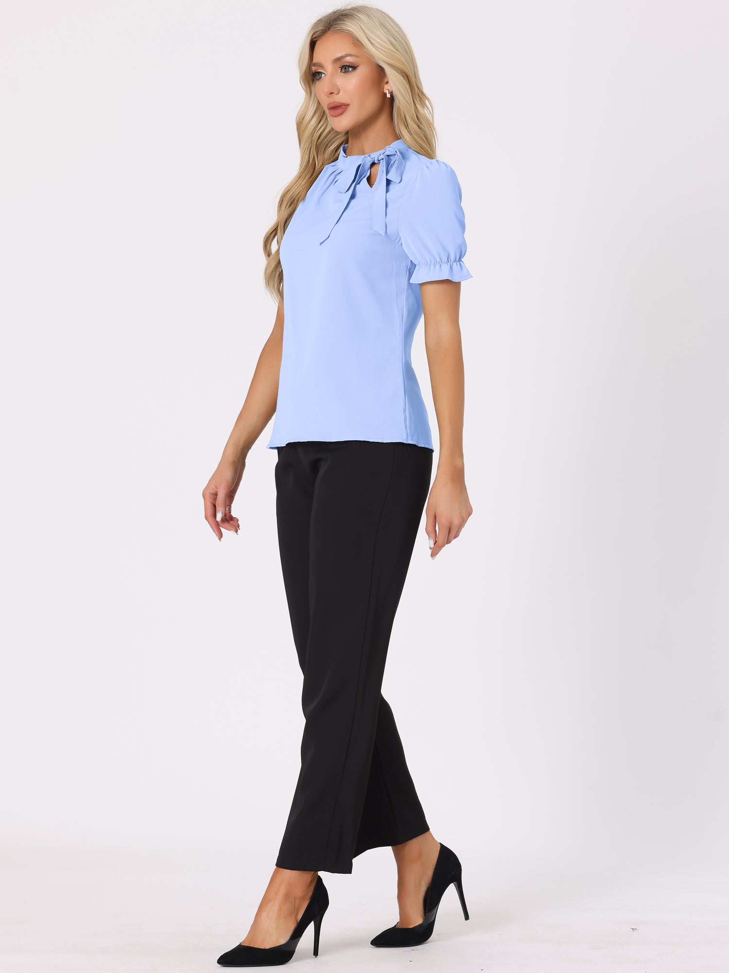 Bow Tie Neck Tops Elegant Office Short Sleeve Blouse
